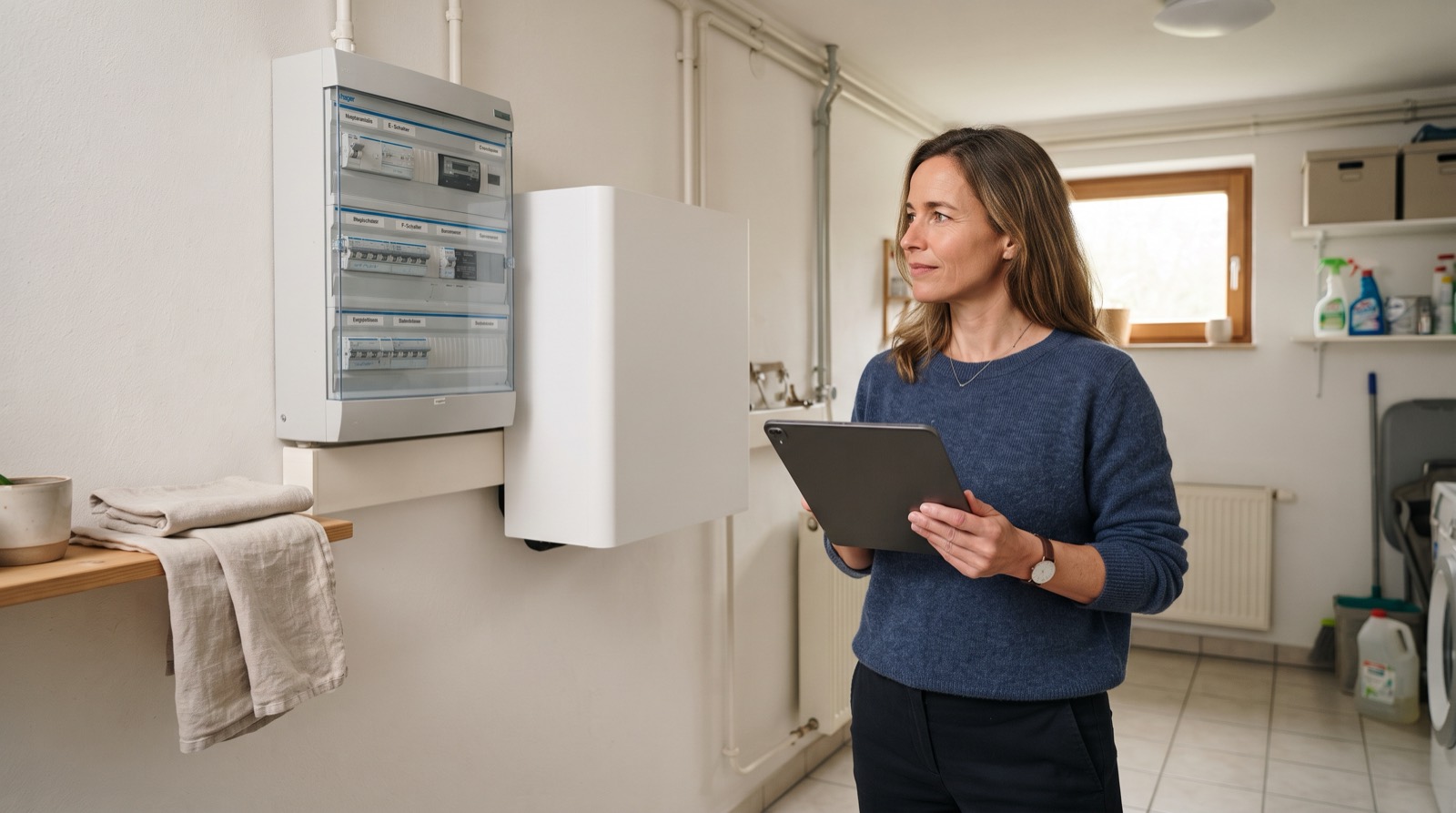 Eine Hausbesitzerin prüft im Hauswirtschaftsraum einen wandmontierten Batteriespeicher