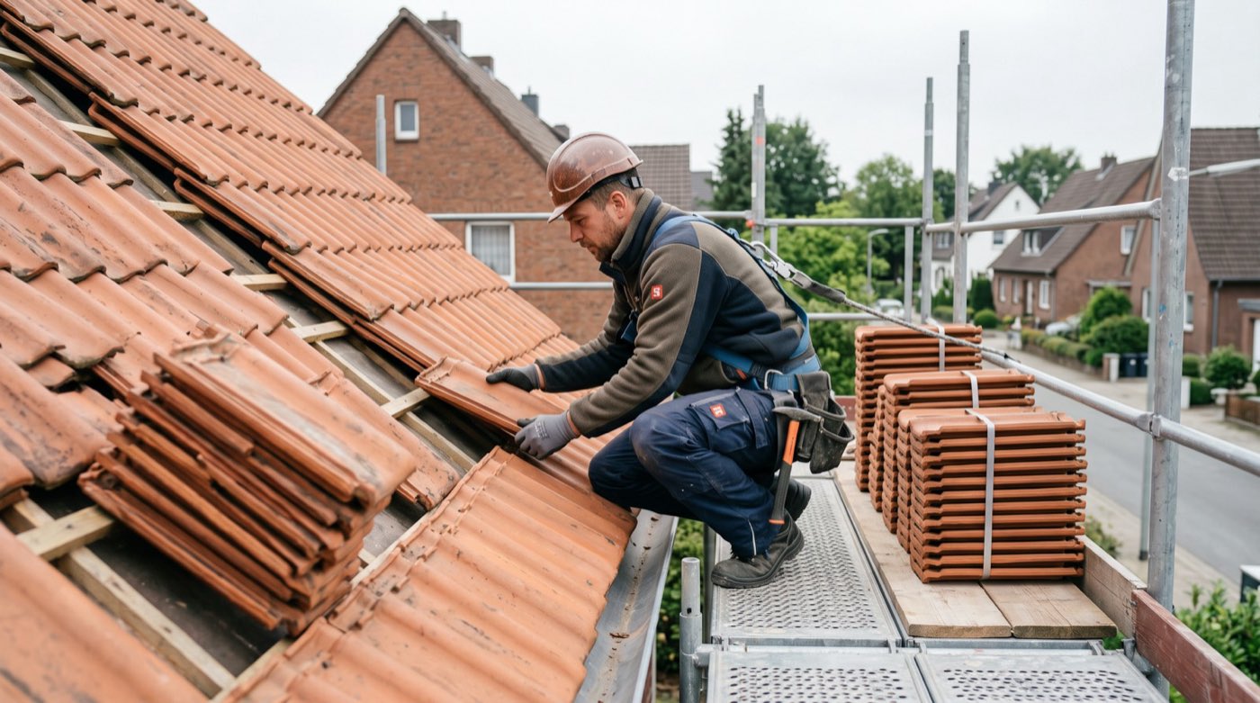 Ein Dachdecker auf einem Gerüst deckt ein Ziegeldach neu ein